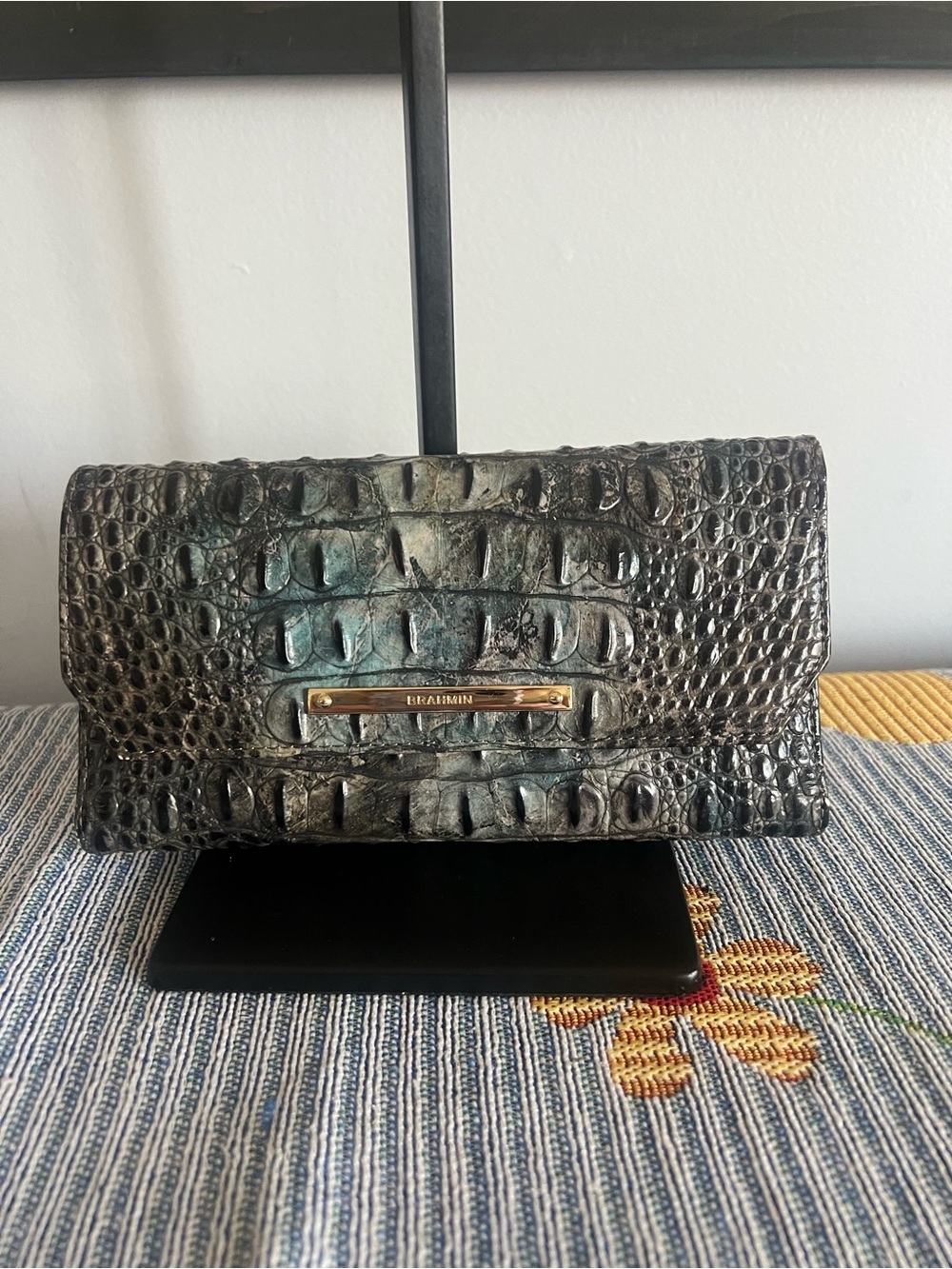Brahmin Teal and Black Croc-Embossed Fold-Over Clutch